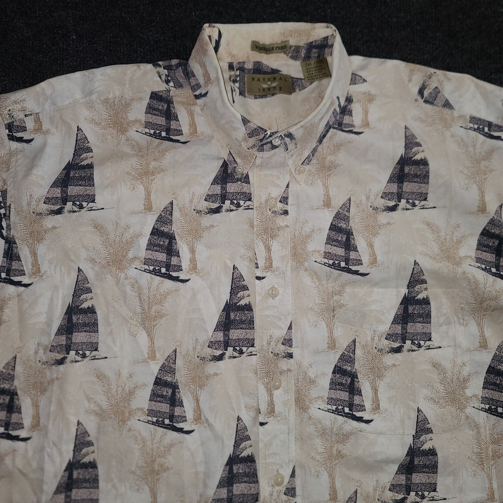 VTG Natural Issue Men's Shirt 2XL Wrinkle Free Sailing Boats Palm‎ Print Cotton